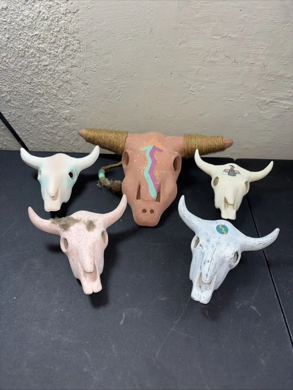 5 Southwestern Pottery Ceramic Bull Skull Hand-Painted Wall Table Decor 7” & 5”